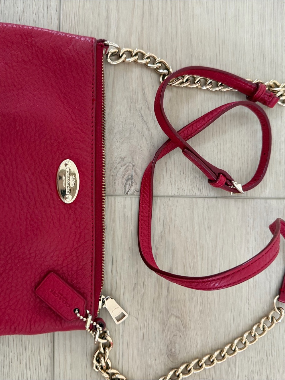 Coach Pink-Red Pebbled Leather Crossbody with Gold Chain